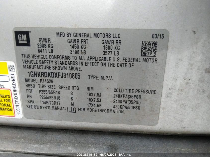 2015 CHEVROLET TRAVERSE LT - 1GNKRGKDXFJ310805