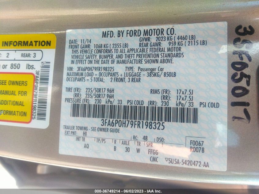 2015 FORD FUSION SE - 3FA6P0H79FR198325