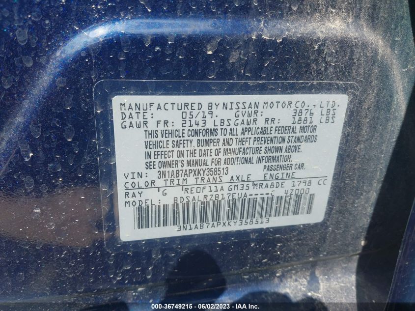 2019 NISSAN SENTRA SR - 3N1AB7APXKY358513