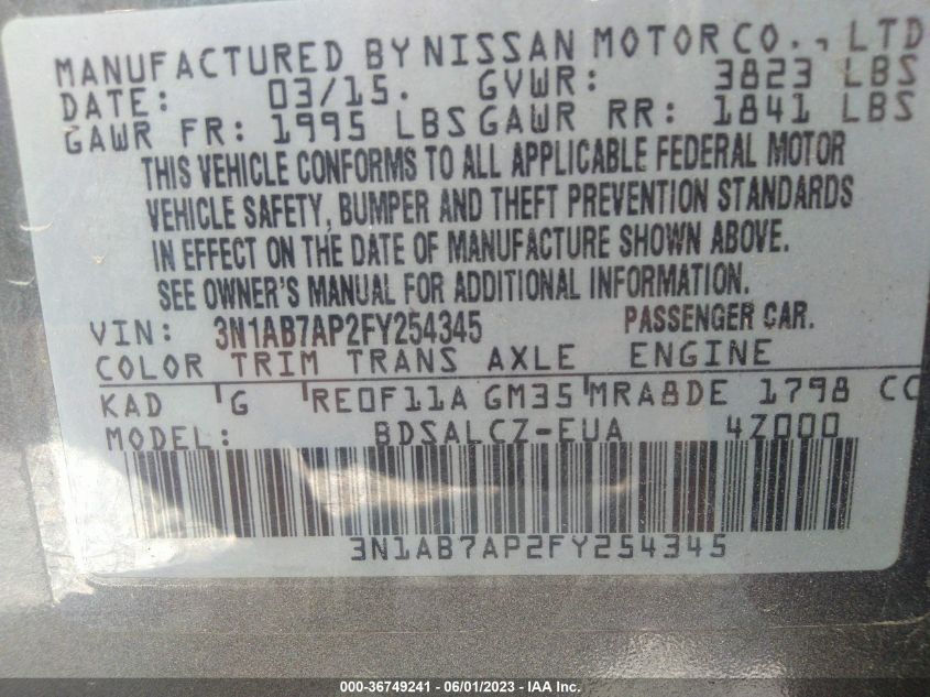 2015 NISSAN SENTRA S - 3N1AB7AP2FY254345