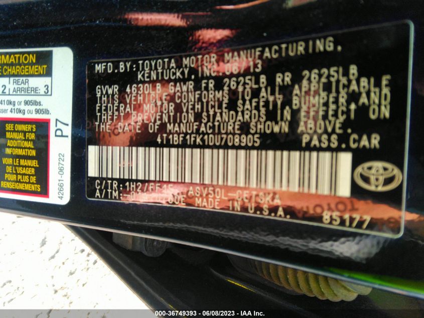 2013 TOYOTA CAMRY L/LE/SE/XLE - 4T1BF1FK1DU708905