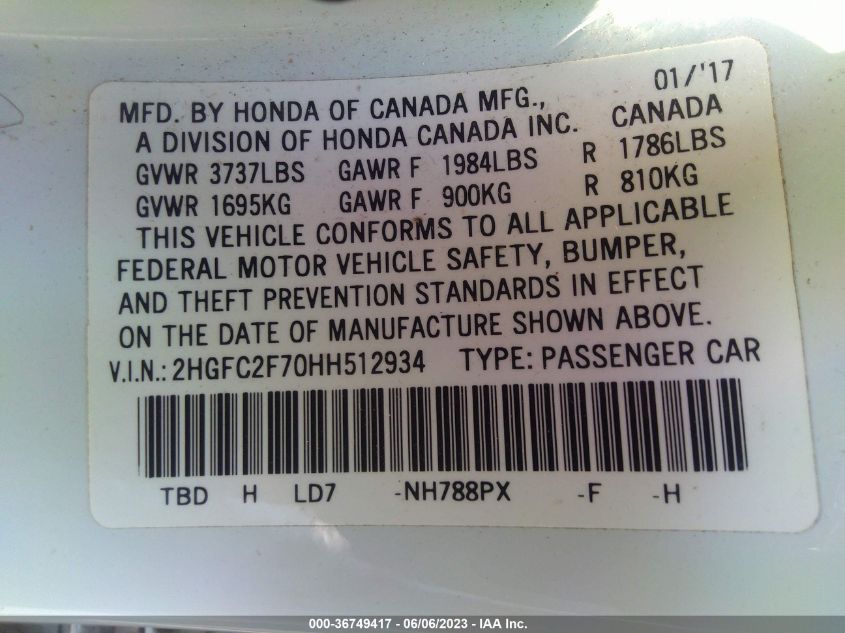 2017 HONDA CIVIC SEDAN EX - 2HGFC2F70HH512934