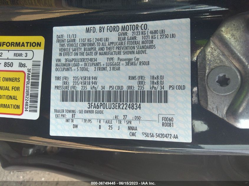 2014 FORD FUSION SE HYBRID - 3FA6P0LU3ER224834