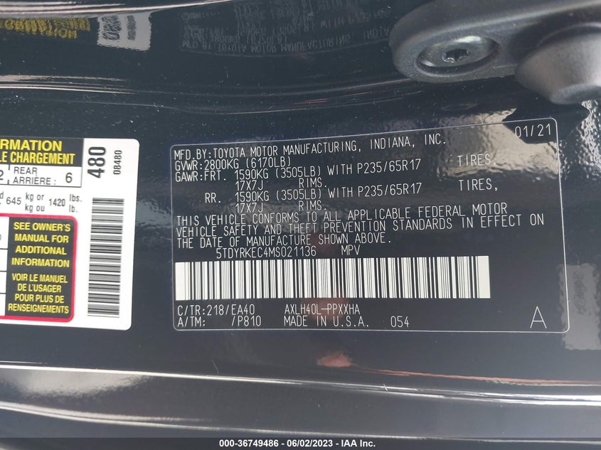 VIN 5TDYRKEC4MS021136 2021 TOYOTA SIENNA XLE