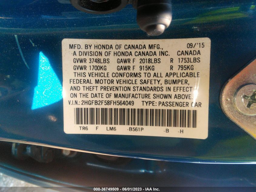 2015 HONDA CIVIC SEDAN LX - 2HGFB2F58FH564049