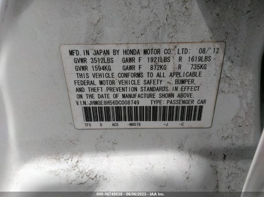 2013 HONDA FIT SPORT - JHMGE8H56DC008749
