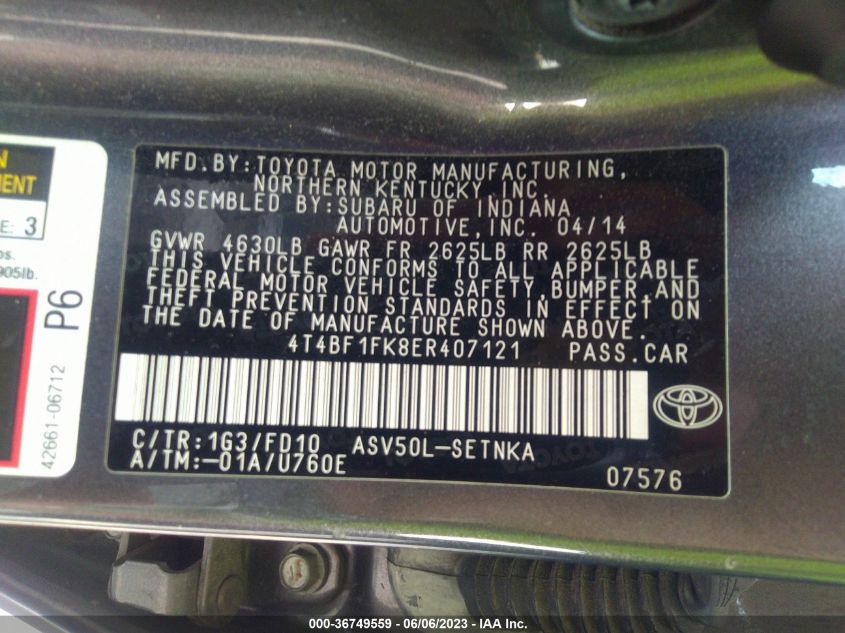 2014 TOYOTA CAMRY L/LE/XLE/SE/SE SPORT - 4T4BF1FK8ER407121