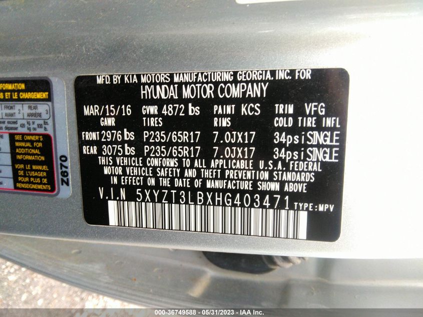 2017 HYUNDAI SANTA FE SPORT 2.4L - 5XYZT3LBXHG403471