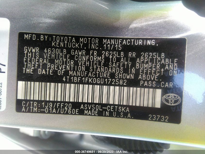 2016 TOYOTA CAMRY XLE/SE/LE/XSE - 4T1BF1FK0GU172582
