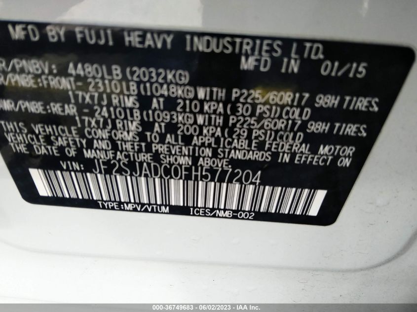 2015 SUBARU FORESTER 2.5I PREMIUM - JF2SJADC0FH577204