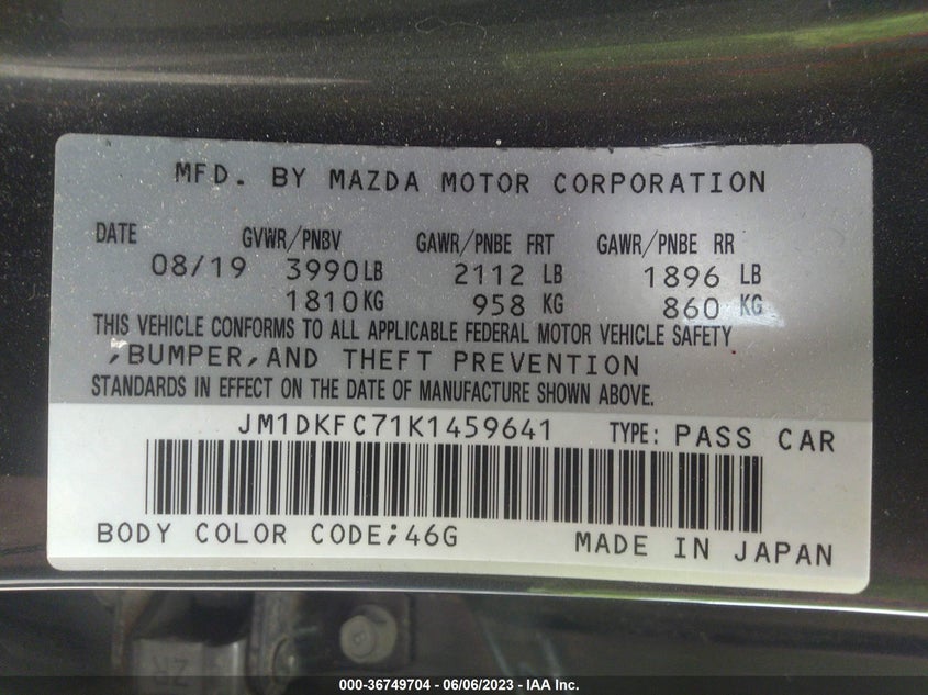 VIN JM1DKFC71K1459641 2019 MAZDA CX-3 TOURING