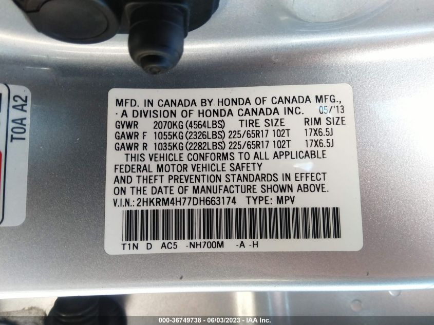 2013 HONDA CR-V EX-L - 2HKRM4H77DH663174
