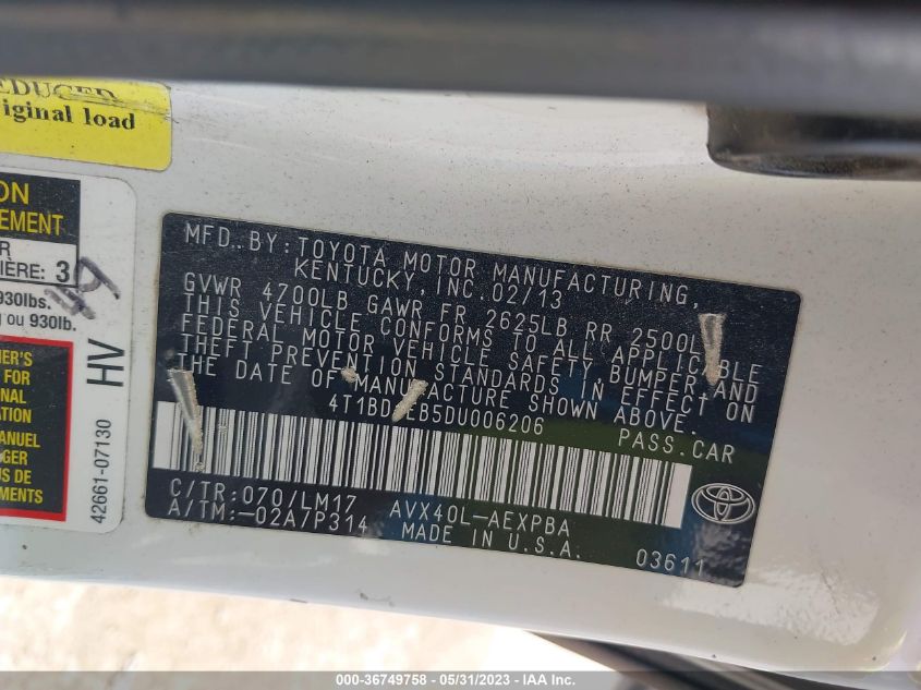 2013 TOYOTA AVALON HYBRID XLE PREMIUM 4T1BD1EB5DU006206