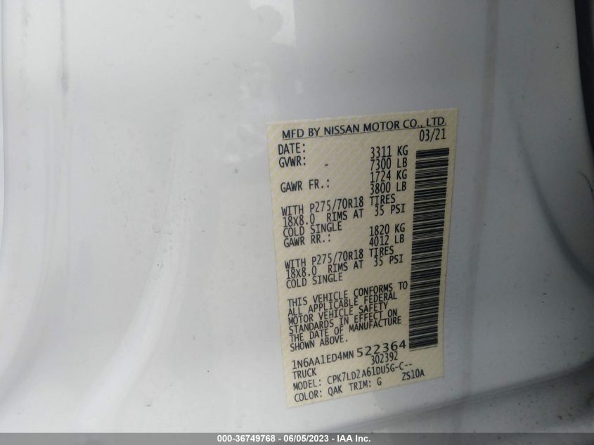 2021 NISSAN TITAN PRO-4X - 1N6AA1ED4MN522364