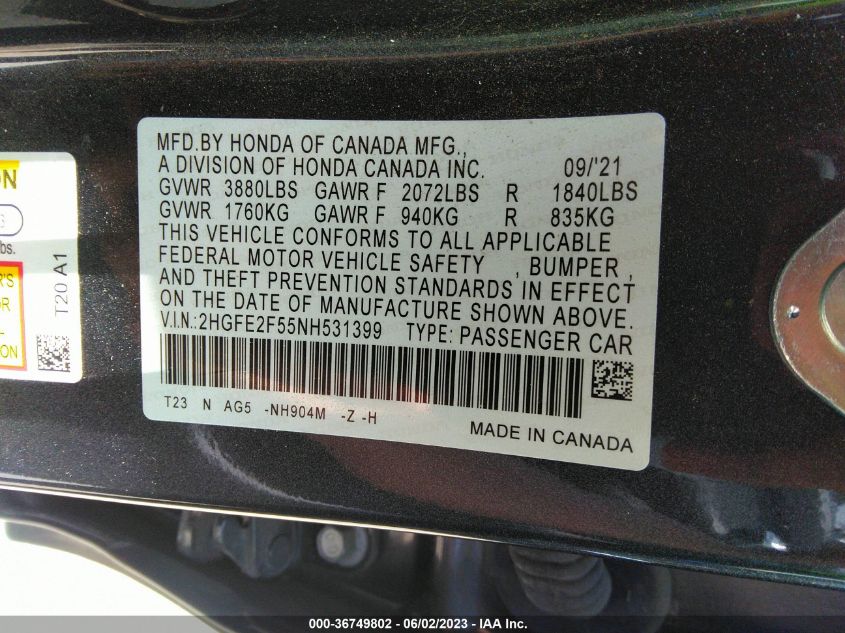 2022 HONDA CIVIC SEDAN SPORT - 2HGFE2F55NH531399