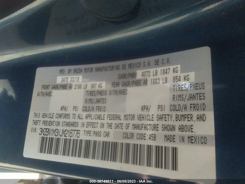 VIN 3MZBN1M3XJM216776 2018 MAZDA MAZDA3 5-DOOR GRAND TOURING