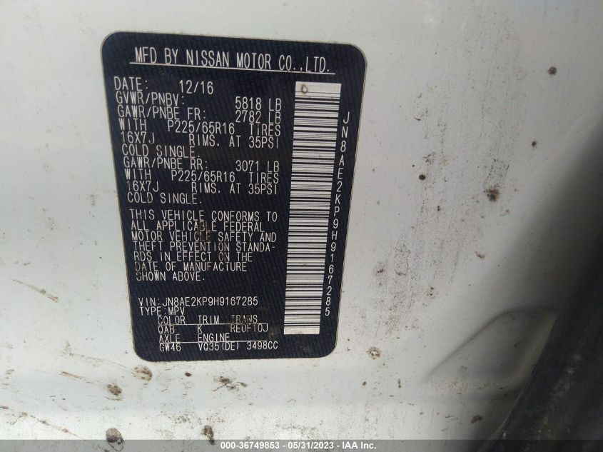 2017 NISSAN QUEST SV - JN8AE2KP9H9167285