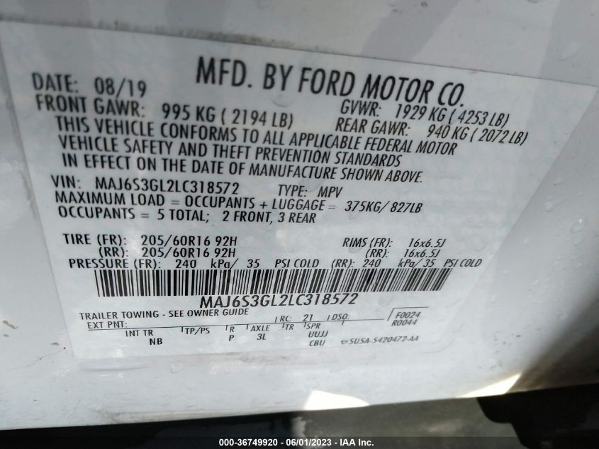 2020 FORD ECOSPORT SE - MAJ6S3GL2LC318572