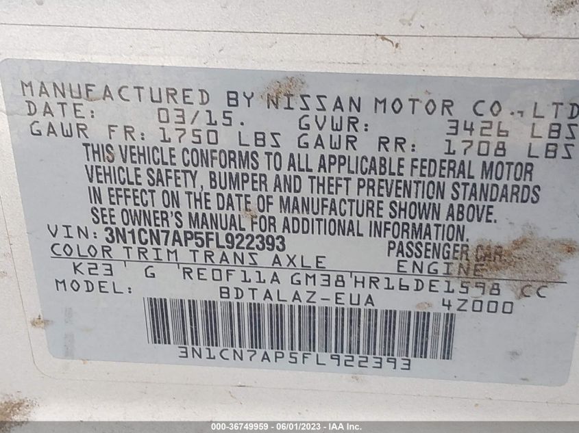 2015 NISSAN VERSA S PLUS - 3N1CN7AP5FL922393
