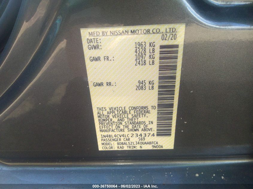 2020 NISSAN ALTIMA 2.5 SR - 1N4BL4CV4LC234374