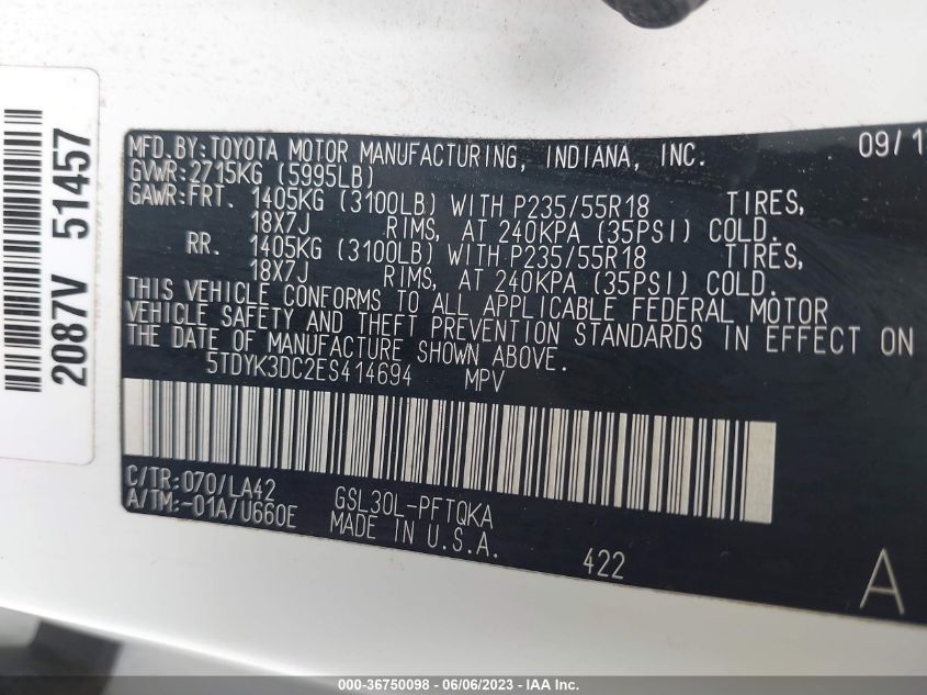 2014 TOYOTA SIENNA LTD - 5TDYK3DC2ES414694