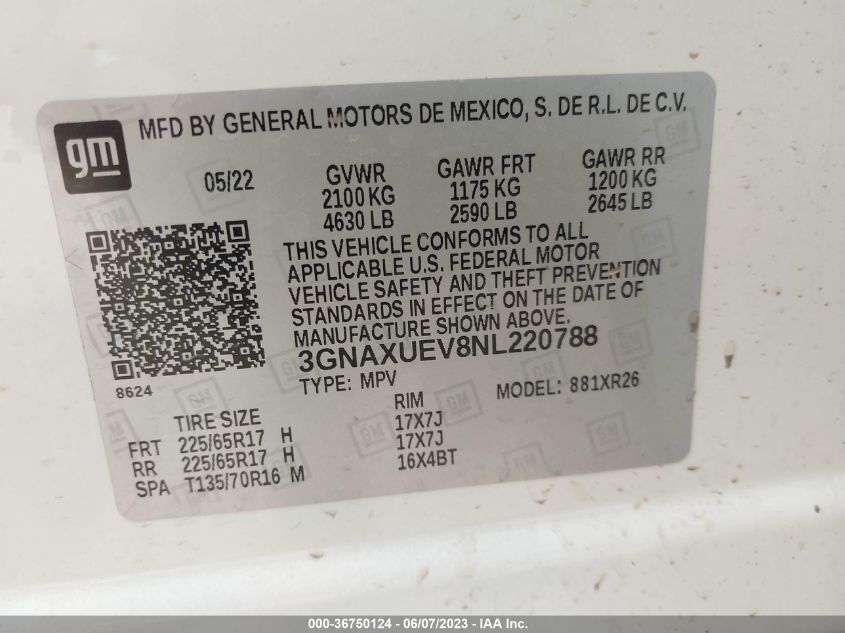 2022 CHEVROLET EQUINOX LT - 3GNAXUEV8NL220788