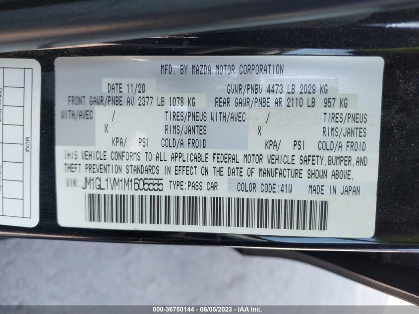 VIN JM1GL1VM1M1605555 2021 MAZDA MAZDA6 TOURING