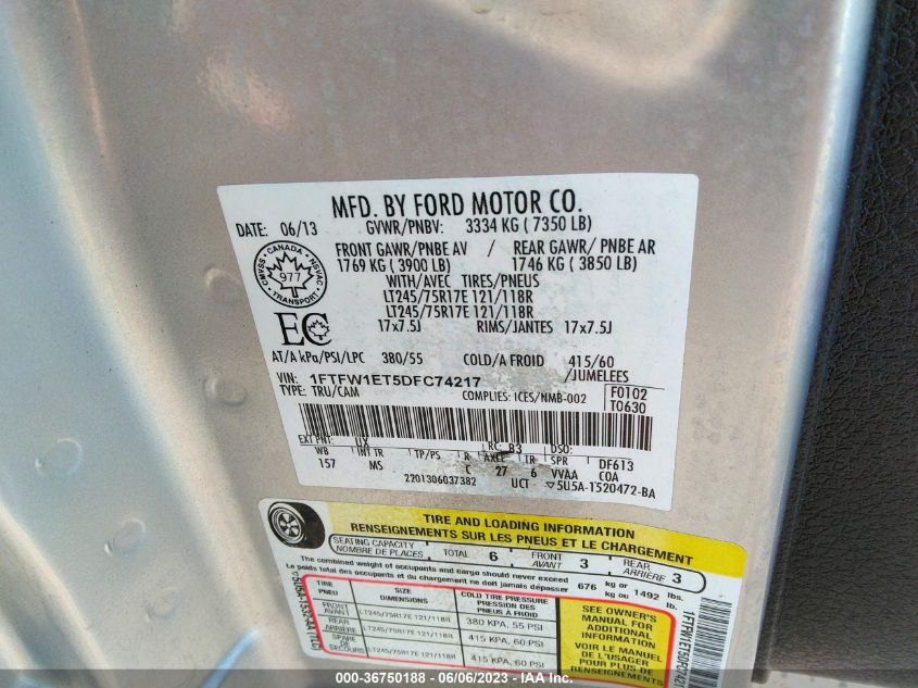 2013 FORD F-150 XL/XLT/FX4/LARIAT - 1FTFW1ET5DFC74217