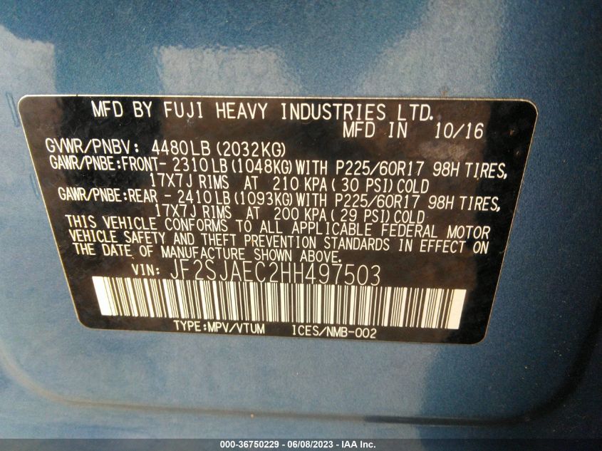 2017 SUBARU FORESTER PREMIUM - JF2SJAEC2HH497503