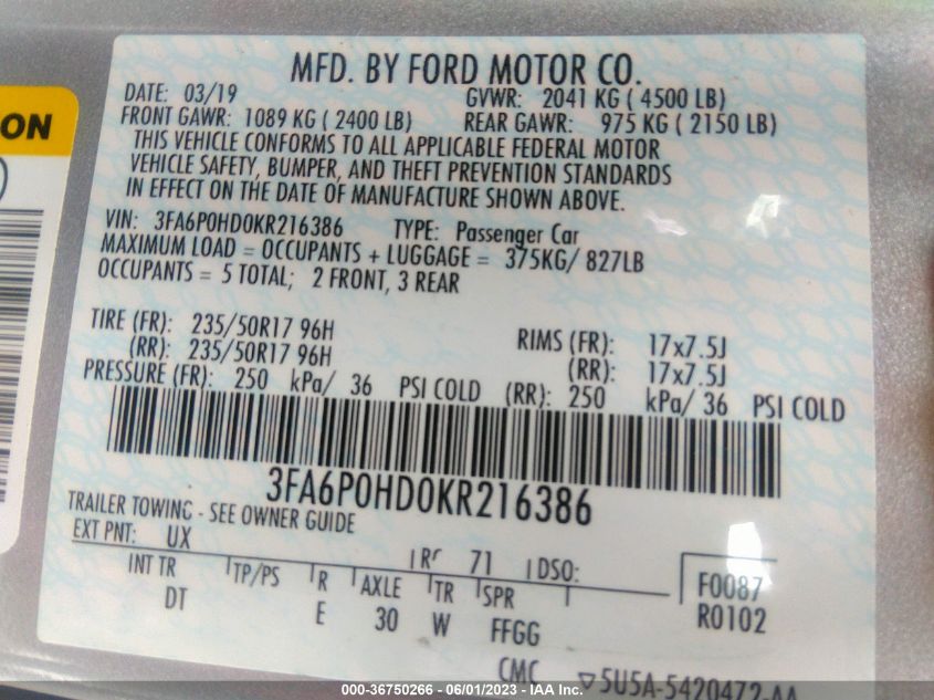 3FA6P0HD0KR216386 2019 FORD FUSION, photo no. 9