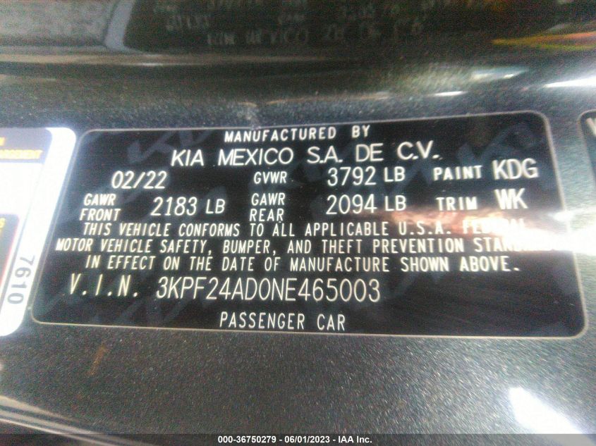 2022 KIA FORTE LXS - 3KPF24AD0NE465003