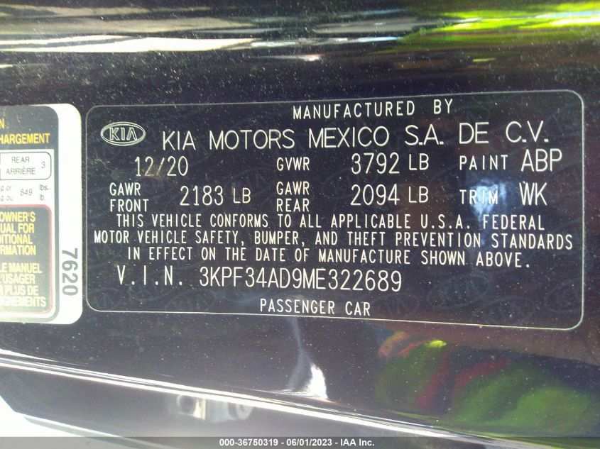 2021 KIA FORTE GT-LINE - 3KPF34AD9ME322689