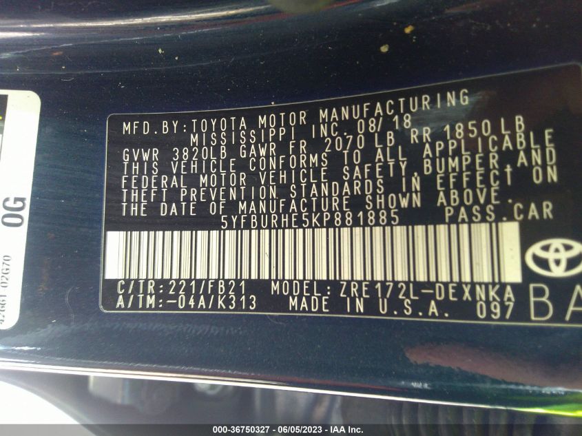 2019 TOYOTA COROLLA L/LE/XLE/SE/XSE - 5YFBURHE5KP881885