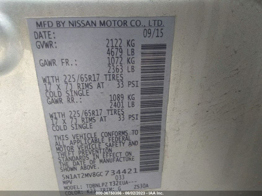 2016 NISSAN ROGUE SV/SL/S - 5N1AT2MV8GC734421