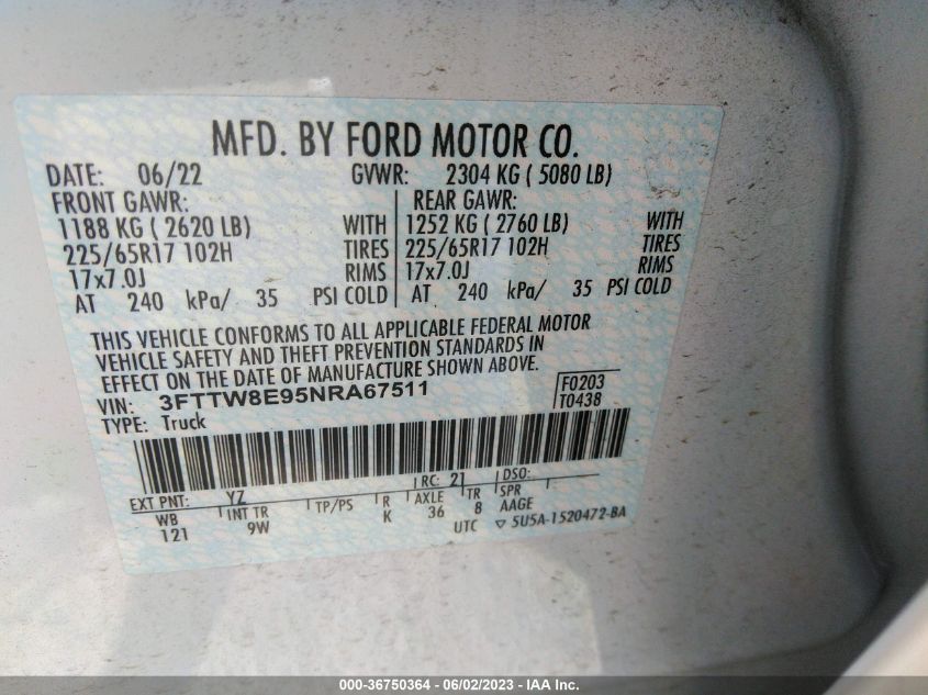 2022 FORD MAVERICK XL/XLT/LARIAT - 3FTTW8E95NRA67511