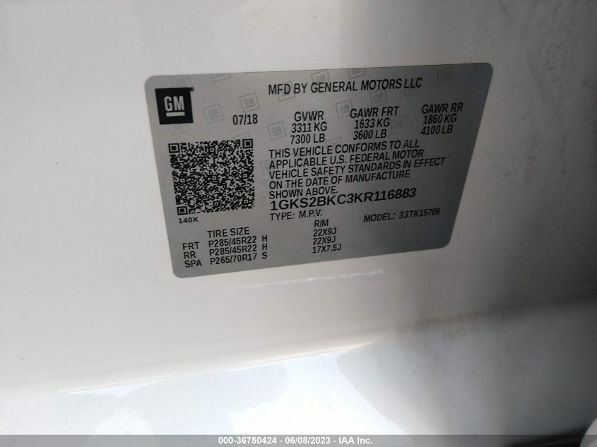 2019 GMC YUKON SLT - 1GKS2BKC3KR116883