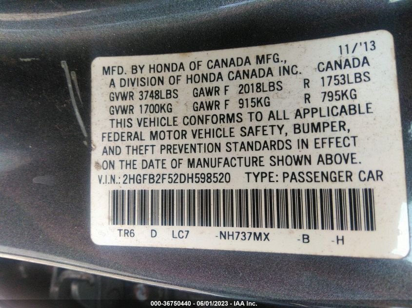 2013 HONDA CIVIC SDN LX - 2HGFB2F52DH598520