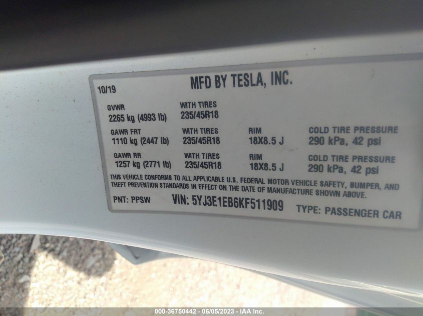 2019 TESLA MODEL 3 - 5YJ3E3EB6KF511909