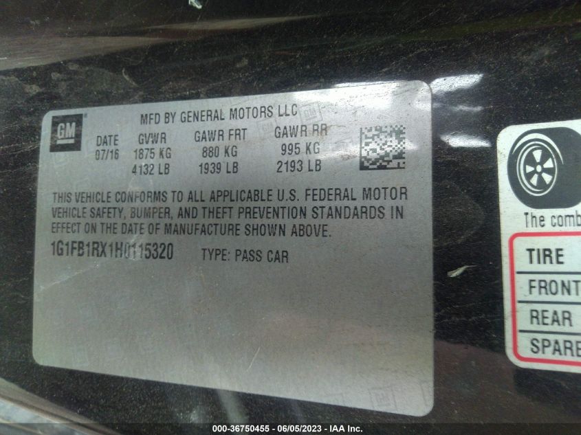 2017 CHEVROLET CAMARO LT - 1G1FB1RX1H0115320