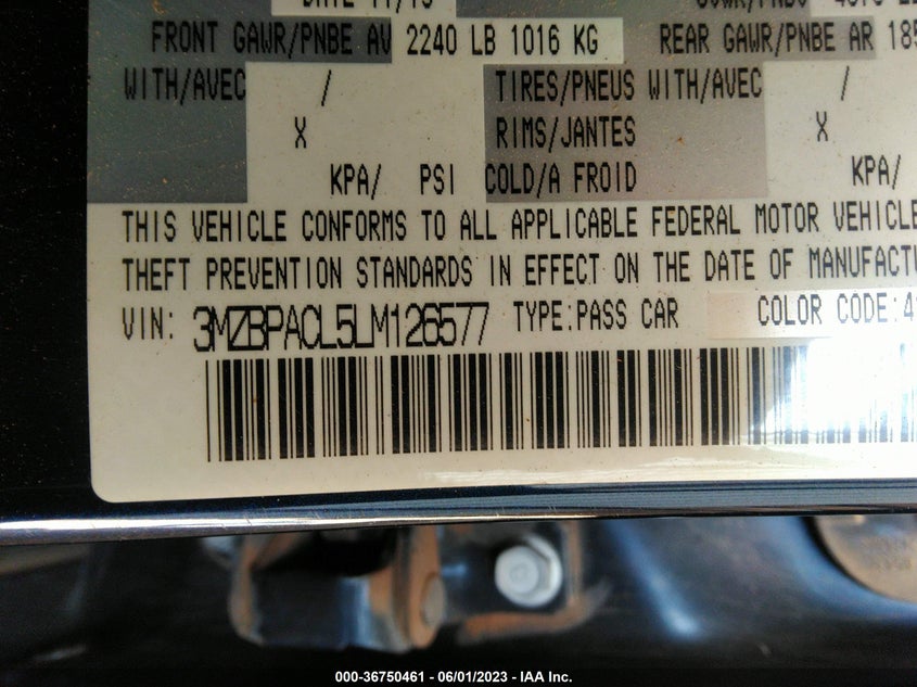 VIN 3MZBPACL5LM126577 2020 MAZDA MAZDA3 SEDAN SELECT PACKAGE