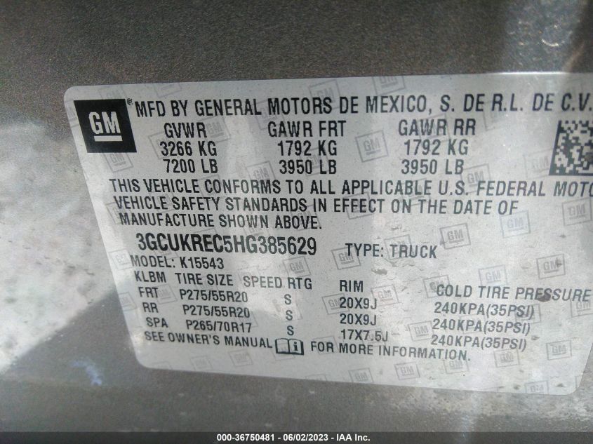 2017 CHEVROLET SILVERADO 1500 LT - 3GCUKREC5HG385629
