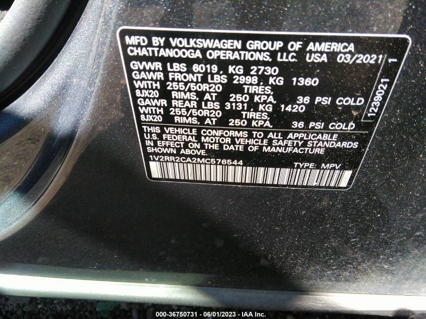2021 VOLKSWAGEN ATLAS 3.6L V6 SE W - 1V2RR2CA2MC576544
