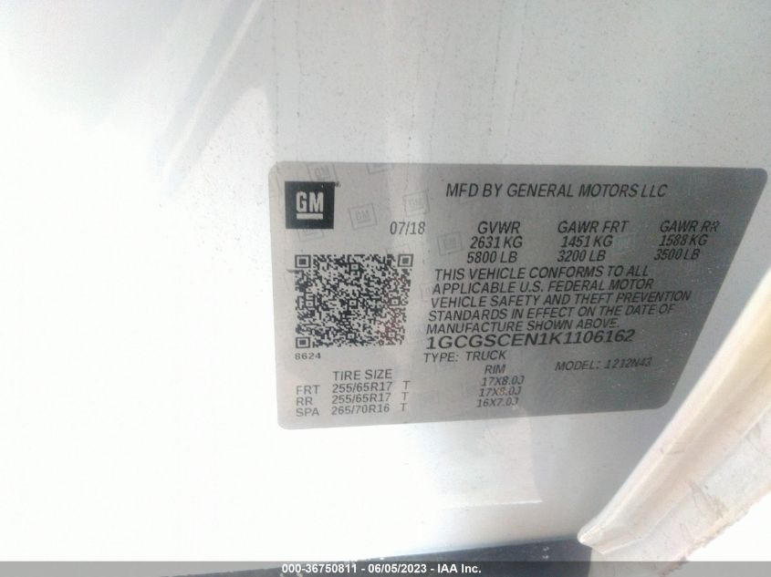 2019 CHEVROLET COLORADO 2WD LT - 1GCGSCEN1K1106162