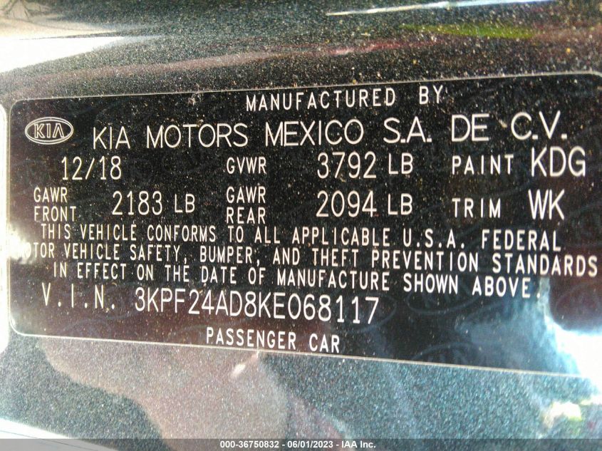 2019 KIA FORTE LXS - 3KPF24AD8KE068117