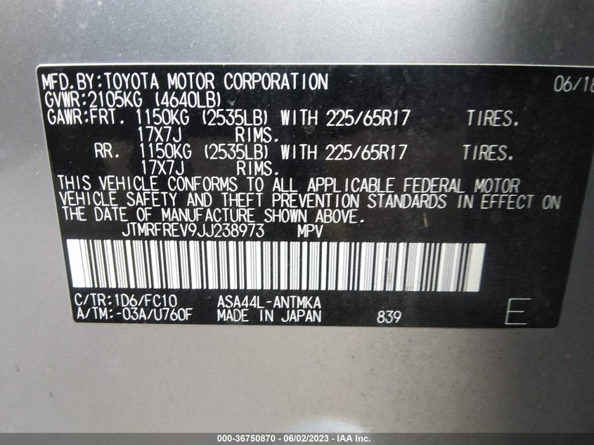 VIN JTMRFREV9JJ238973 2018 TOYOTA RAV4 XLE/ADVENTURE