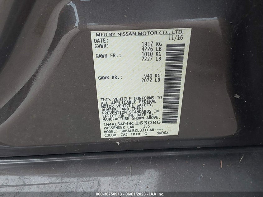 VIN 1N4AL3AP3HC163086 2017 NISSAN ALTIMA 2.5 SL