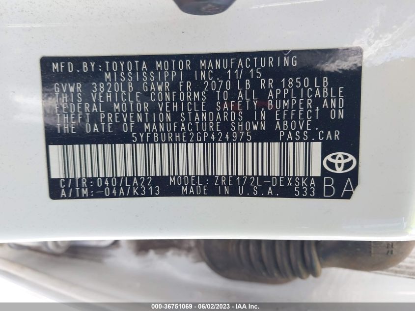 2016 TOYOTA COROLLA L/LE/S/S PLUS/LE PLUS - 5YFBURHE2GP424975