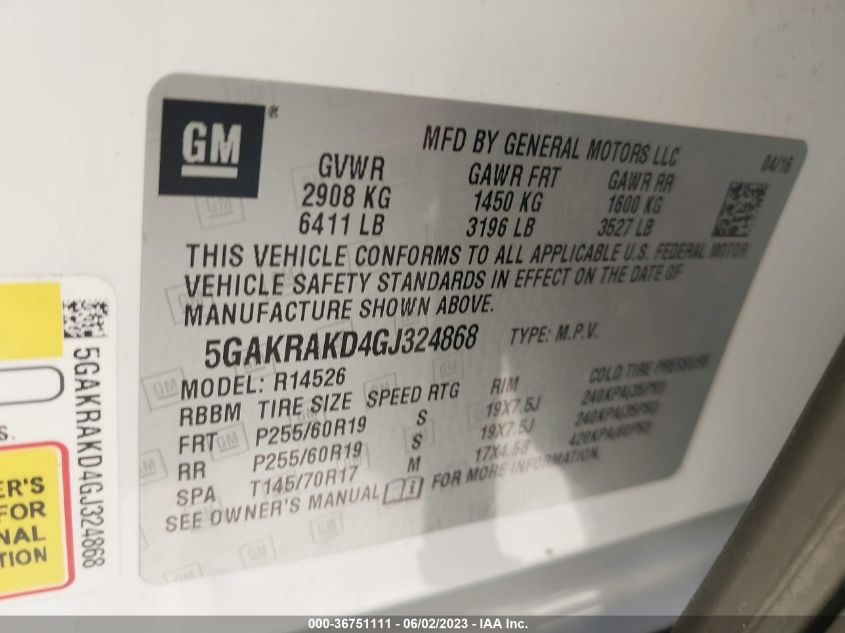 2016 BUICK ENCLAVE CONVENIENCE - 5GAKRAKD4GJ324868