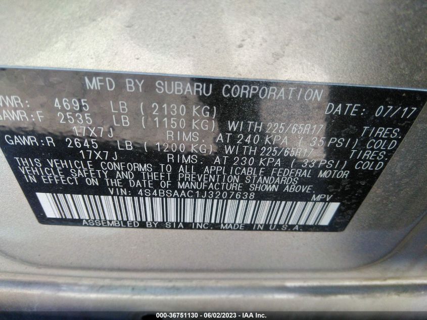 2018 SUBARU OUTBACK - 4S4BSAAC1J3207638