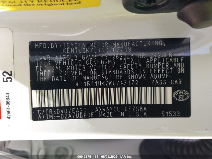 2019 TOYOTA CAMRY LE/SE/XLE/L - 4T1B11HK2KU747172